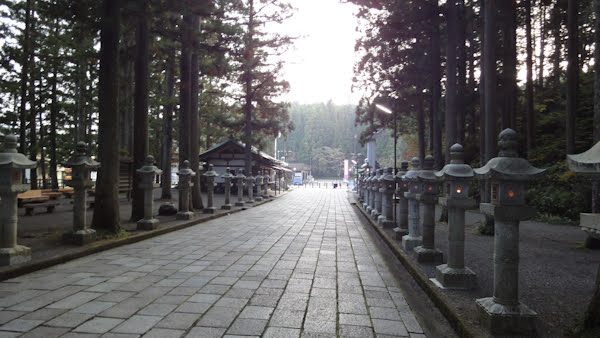 a meticulously bricked walkway with stone lanterns and trees on either side
